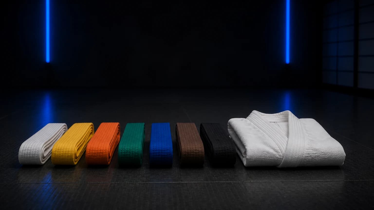 Judo belts arranged from student kyu grades toward black dan ranks on a blue and near-black dojo mat