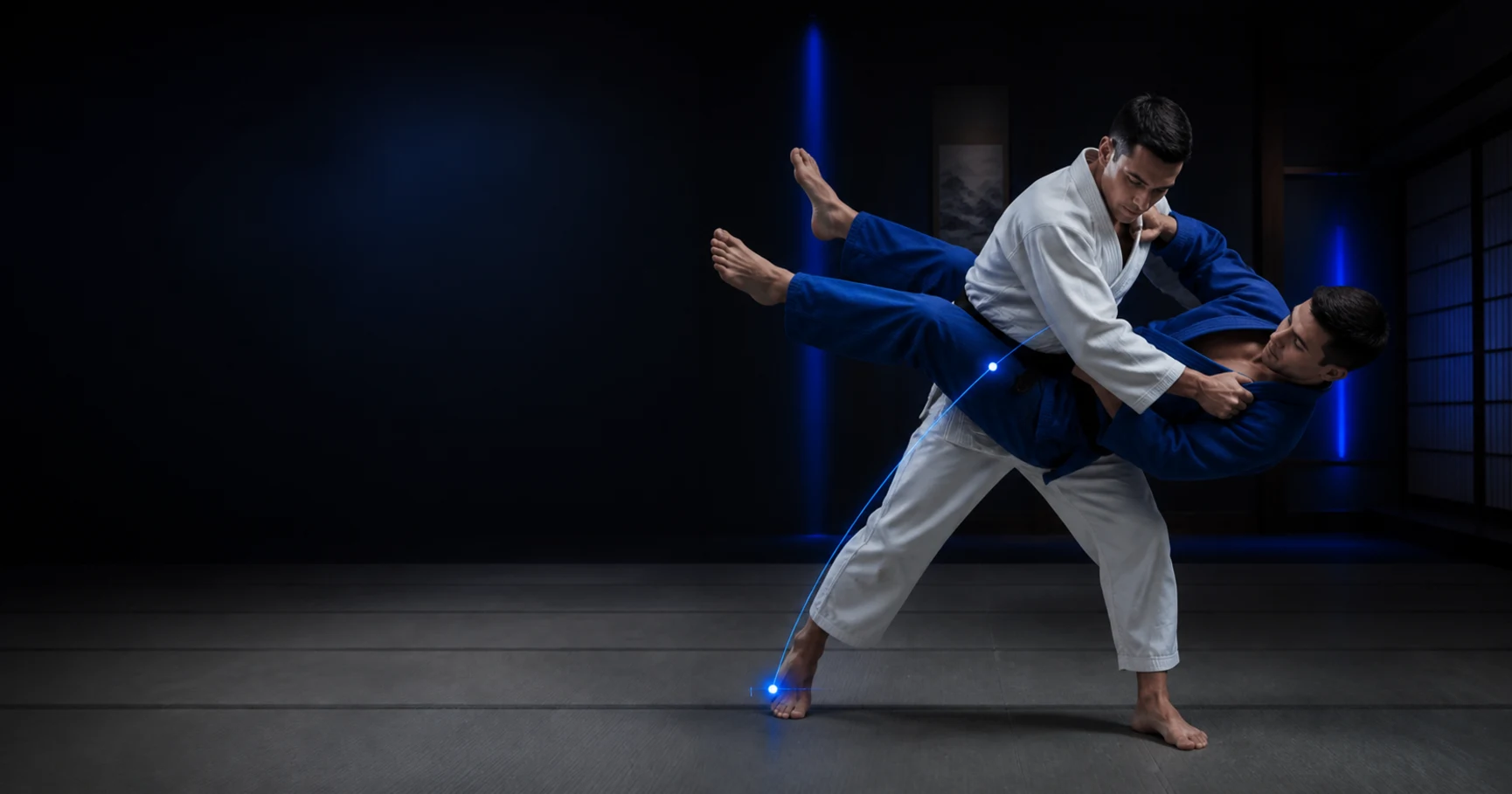 Judoka enters a throw while subtle blue markers trace balance and timing